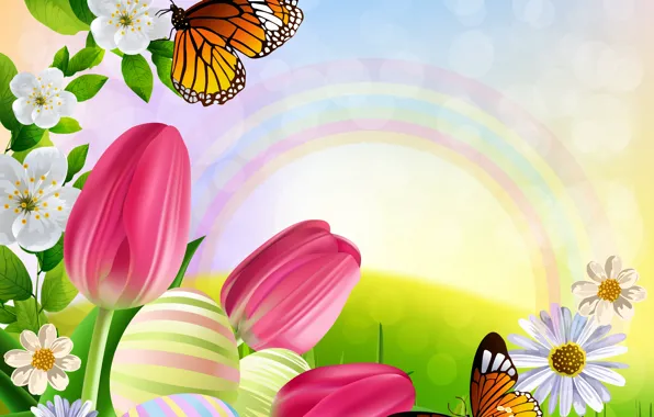 Picture butterfly, flowers, figure, rainbow, tulips, brightness