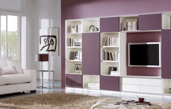 Style, modern, living room, interior, white and purple