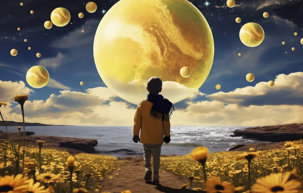 Flowers, Boy, Planet, Creative, Coast, Digital art, Back, AI art