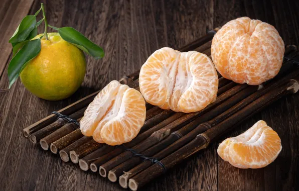 Leaves, table, Board, bamboo, fruit, stand, slices, tangerines