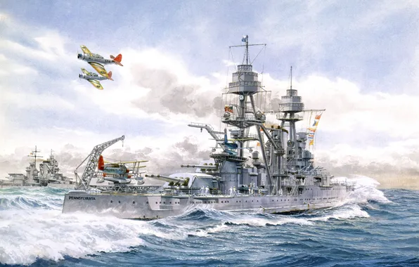 Picture sea, wave, the sky, ships, aircraft, battleship, U.S., &ampquot;PA&ampquot;