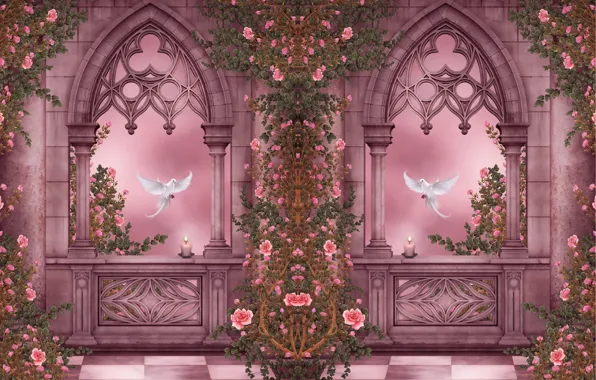 Flowers, Windows, roses, candles, pigeons, columns, arch, garland
