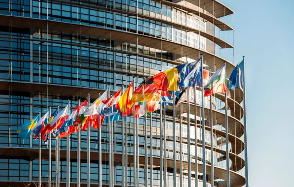 Glass, France, the building, flags, Strasbourg