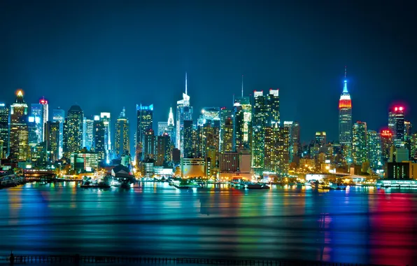 Night, the city, lights, skyscrapers, panorama, skyline, WTC, New York city