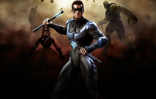 Picture batman, character, fighting, Harley Quinn, Injustice: Gods Among Us, Solomon Grundy, nightwing