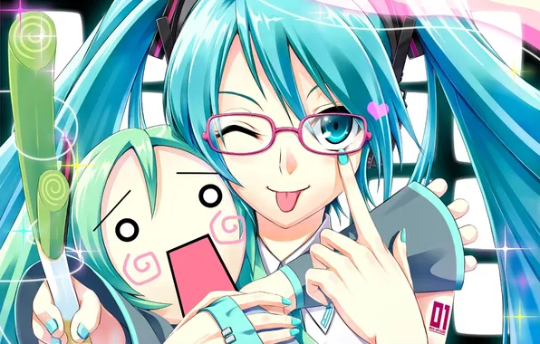 Language, girl, doll, glasses, heart, Vocaloid, Miku Hatsune