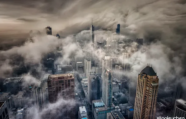 Clouds, storm, the city, fog, Chicago, USA