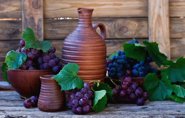 Picture grapes, pitcher, still life, clay