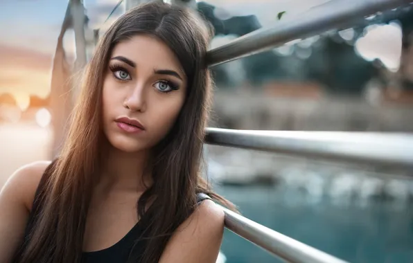 Bridge, portrait, makeup, brunette, hairstyle, railings, beauty, bokeh