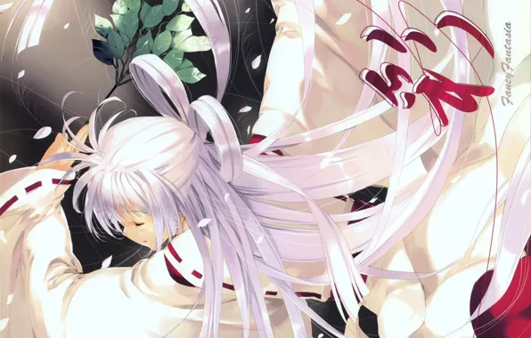 Dance, ritual, girl, priestess, Japanese clothing, tree branch, closed eyes, long white hair