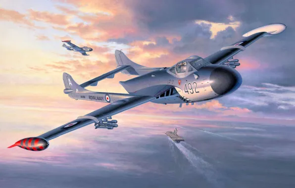 Picture war, art, airplane, painting, aviation, jet, ww2, De Havilland Sea Venom