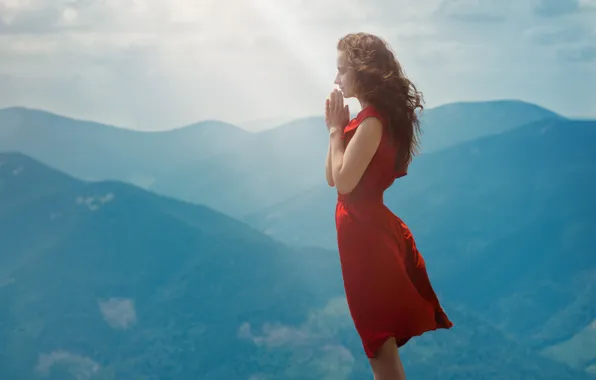 Girl, mountains, nature, red dress, long hair, prayer