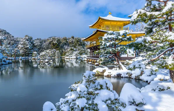 Winter, snow, trees, pond, Park, Japan, temple, Japan