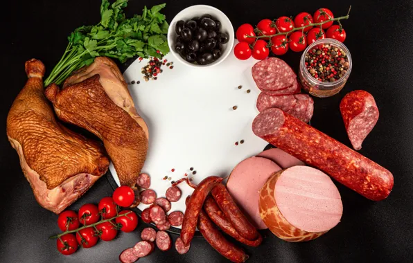 Greens, Olives, Pepper, Tomatoes, Food, Sausage, Meat, Ham
