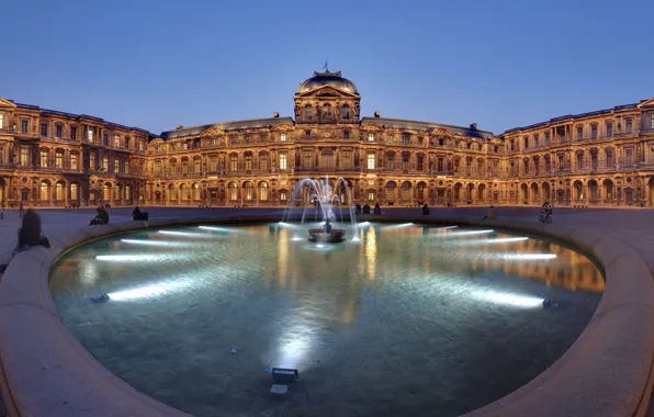 Lights, France, the evening, The Louvre, panorama, fountain, France, Louvre