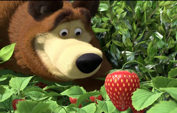 Forest, bear, strawberries, Masha and the bear, Masha, illustration
