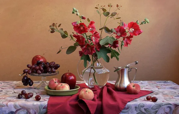 Flowers, apples, grapes, still life, mallow