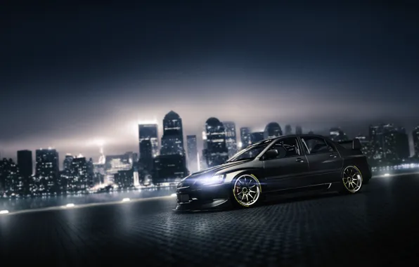 Auto, Night, The city, Machine, Grey, Mitsubishi, Car, Evolution