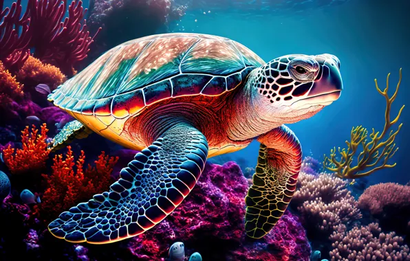 Picture Colorful, Underwater, Animals, Vibrant, Sea Turtle, AI art, Coral reef