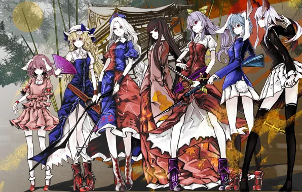 Girls, group, anime, art, touhou