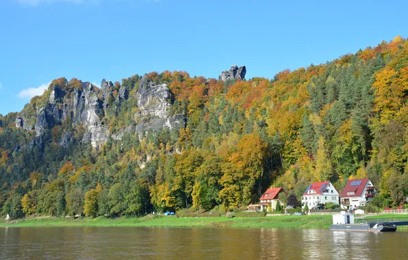 Picture autumn, the sky, trees, rock, river, home