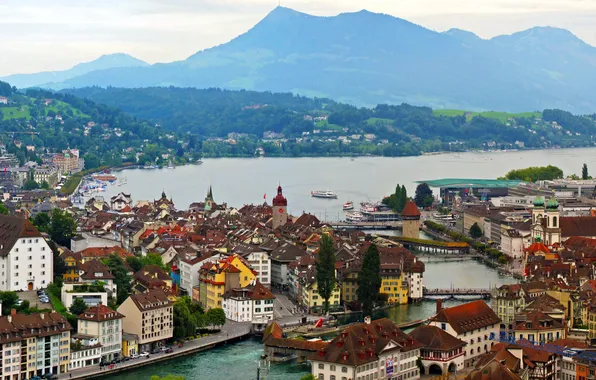 Landscape, mountains, lake, shore, home, ships, boats, Switzerland