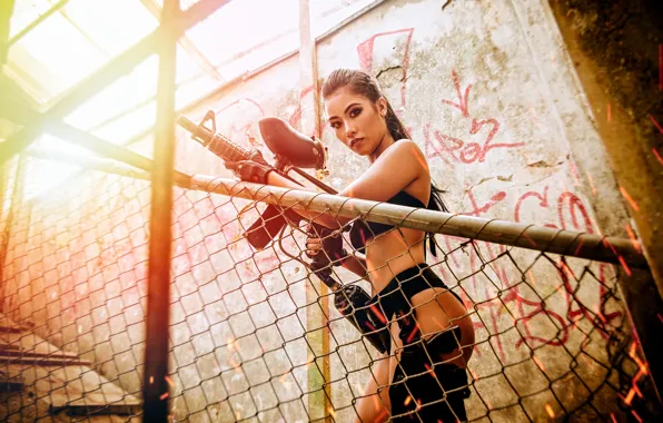 Look, sexy, pose, weapons, wall, model, body, panties