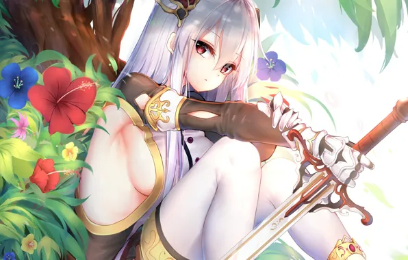 Picture girl, flowers, sword, art, chixiao