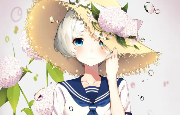 Picture drops, girl, blue eyes, white hair, hydrangea, straw hat, sailor