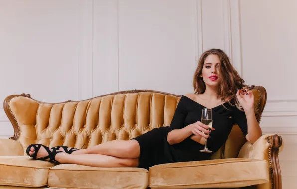 Girl, sweetheart, model, Sofa, Wallpaper, Shoes, Glass, Wine