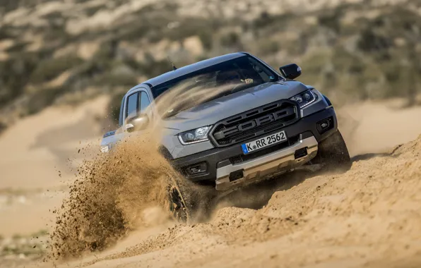 Sand, grey, movement, Ford, Raptor, pickup, Ranger, 2019