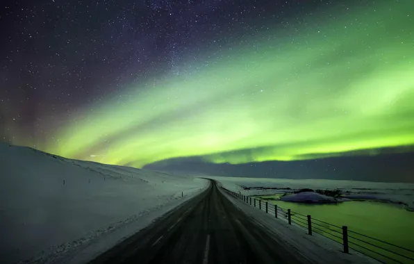 Picture winter, road, the sky, stars, snow, night, nature, Northern lights