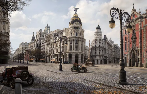 Autumn, the city, street, art, Jordi Gonzalez Escamilla, Gran via 1900