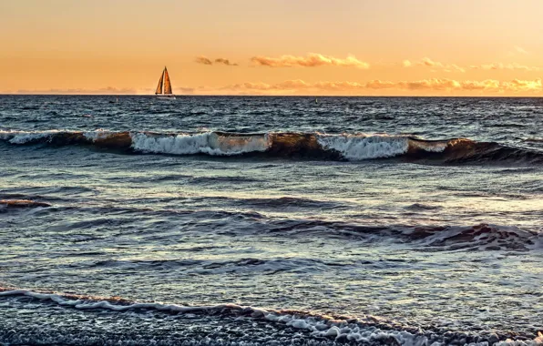 Picture sea, wave, boat, horizon, surf, sail