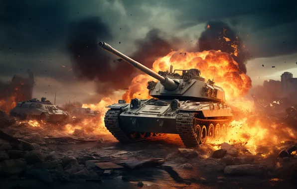 Picture Smoke, Fire, Tank, Explosions, Digital art, Military equipment, AI art, The Art of Artificial Intelligence