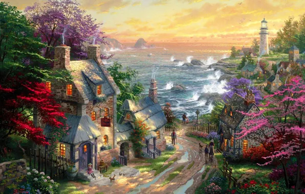 Road, sea, lighthouse, home, village, puddles, painting, Thomas Kinkade