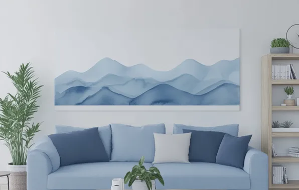 Wave, mountains, comfort, house, room, sofa, wall, blue