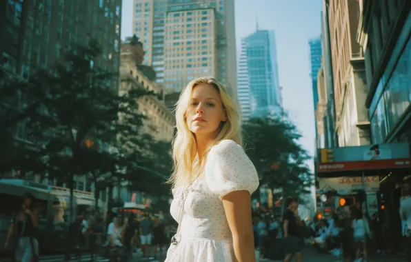 City, street, women, white dress, portrait, low-angle, looking at viewer, AI art
