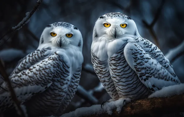Winter, snow, birds, owl, owls, snowy owl, two owls, AI art