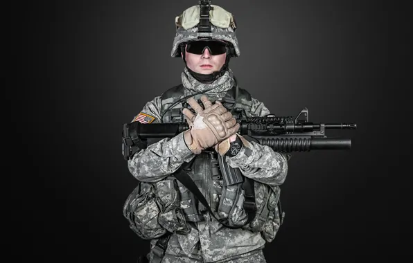 Pose, weapons, glasses, soldiers, machine, gloves, helmet, camouflage