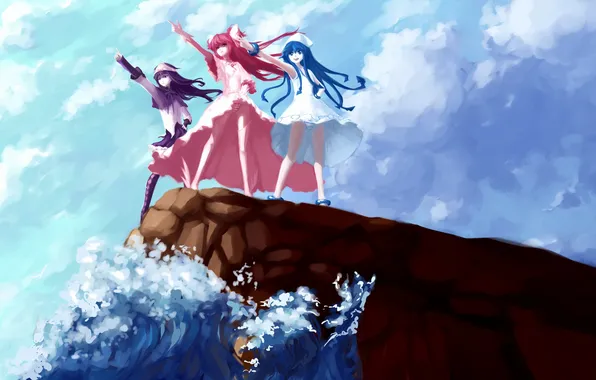 Picture the sky, clouds, squirt, rock, girls, the ocean, anime, art