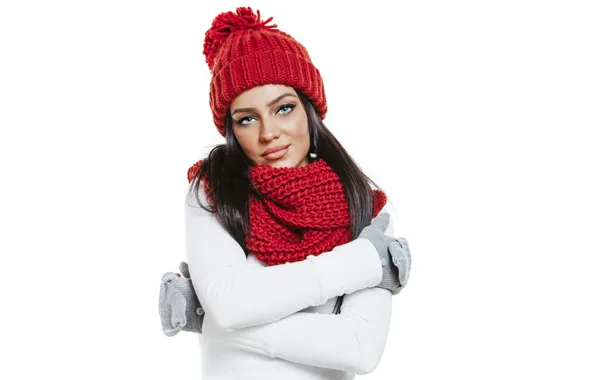Picture look, girl, makeup, scarf, gloves, red hat