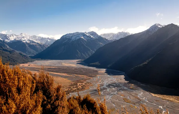 Autumn, the sky, snow, trees, mountains, river