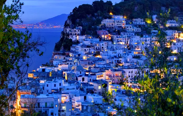 Picture sea, lights, island, home, the evening, slope, Italy, capri