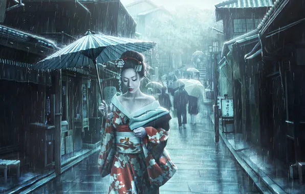 Girl, Japan, Street, Rain, Asian, Umbrella, Umbrella, Japan