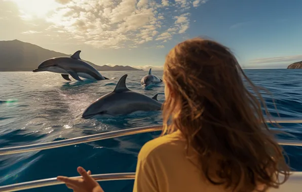 Sea, girl, dolphins, AI art, neural network