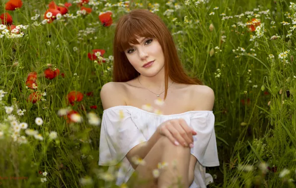 Summer, grass, girl, flowers, nature, Maki, neckline, red