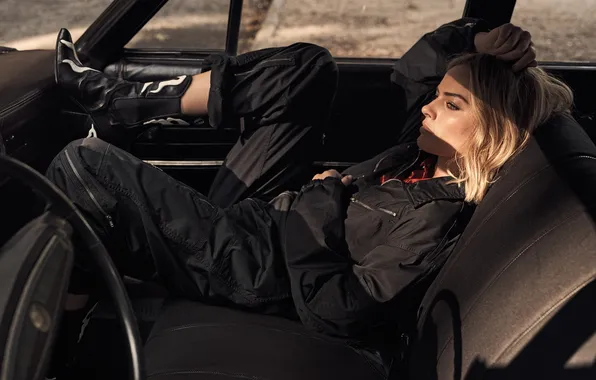 Auto, chair, boots, blonde, beauty, jumpsuit, posing, sitting