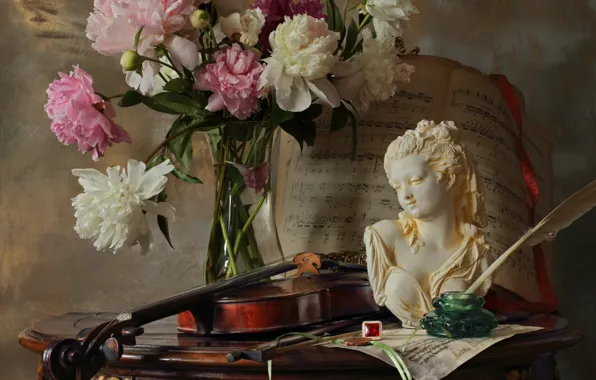 Girl, notes, pen, violin, bouquet, figurine, still life, ring