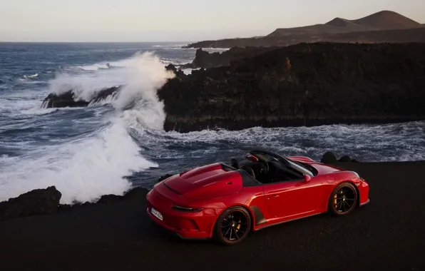 Wave, red, rocks, shore, 911, Porsche, Speedster, 991